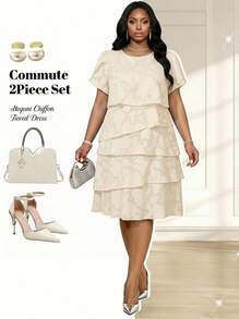 Fleurora Vestido de verano elegante de talla grande de unicolor con recortes y capas - Albaricoque - Ver 3