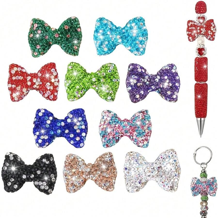 Bow Beads For Pens 10pcs Rhinestone Focal Bead For Crafts Fits For Beadable Pens Jewelry Making Braclets Bling Chunky Glitter Beads For DIY Supplies, Assorted Varieties Mix Colors - Bow Bead - View 1