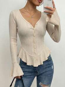 SanpChic Women's Autumn/Winter V-Neck Light Apricot Ruffle Hem Knit Cardigan, Slim Fit Flattering Flare Sleeve Crop Top, Versatile Inner Layer Suitable For Commuting, Dating, Outwear, Daily Wear, Photography, Gathering, Halloween Costume - Apricot - View 4
