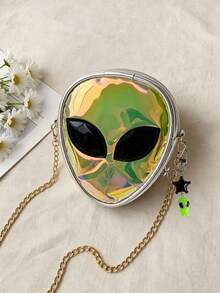 Holographic Alien Design Novelty Bag With Alien Charm, Mini Novelty Bag, PVC Material, Alien Design, Zipper Chain, Transparent Bag, Suitable For Work, Travel, Women's Color-Changing Laser Bag, Back To School Gift, Teacher Gift - Multicolor - View 1