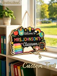 Customized Name Teacher Classroom Wooden Sign, Colorful Apple Rainbow Welcome Door Hanging Decor, Kindergarten/Elementary School Classroom Decoration, Teacher Appreciation Gift, Back To School Season, School Supplies, Personalized Gift, Teacher's Day Gift, Middle School Students - Multicolor - View 3
