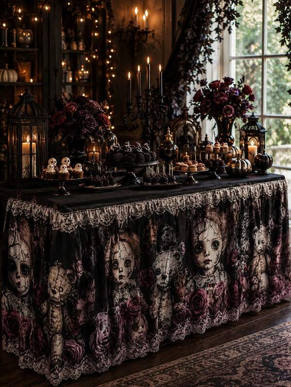 1pc Gothic Halloween Table Skirt, Cracked Vintage Doll Deep Burgundy Rose Lace Trim Pleated Tablecloth, Wrinkle-Resistant Spooky Decor, Suitable For Gothic Holiday Party Dessert Buffet Horror Theme Event Display Stand Decoration