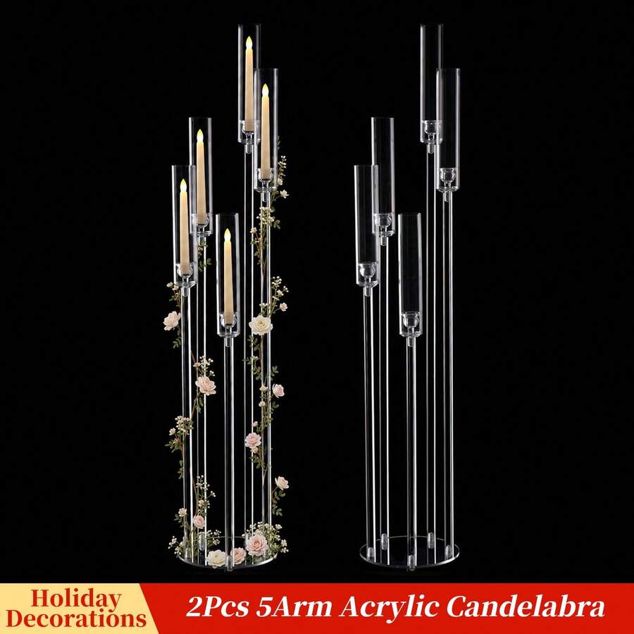 2Pcs 5 Arm Acrylic Floor Candelabra,45.7inch Tall Clear Transparent Taper Candle Holders For Weddings, Home Decor,Elegant Candlestick Holder Centerpiece Indoor Outdoor Use,No Candles Included - 燭台透明 - 查看 1