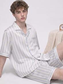 2pcs/Set Men's Summer Short Sleeve Shorts Satin Blue Striped Casual Comfortable Pajamas, Fashionable Lapel Loungewear Set For Home And Out - Blue and White - View 2