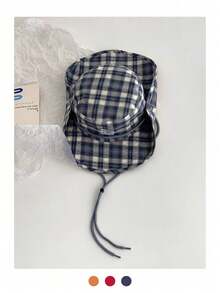 Wide Stiff Brim Vintage Check Pattern Patchwork Contrast Color Drawstring Bucket Hat Unisex Boho Vacay Spring Summer Sun Hat Bright Monochromatic Looks Tie-Up UV Protection Travel Hat - Fabric Label Check Pattern - View 6