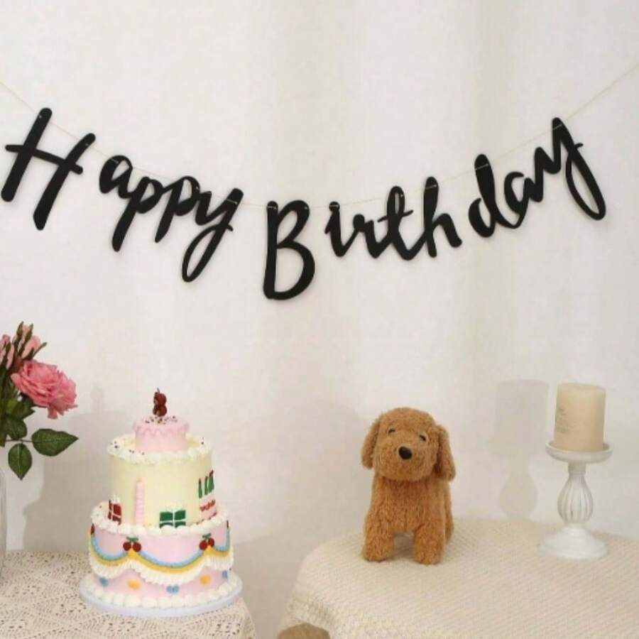 1pc Black Handwritten Happy Birthday Paper Banner, Simple Versatile Easy To Hang, Suitable For Birthday, Wedding, Valentine's Day, Back To School And Various Occasions, Practical Gift For Party And Home Decor - One Size Fits All - View 1