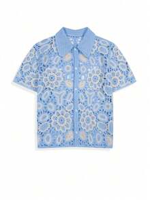 Men's Unisex Polo Collar Knitted Cardigan, Daily Vacation Casual Hand-Crocheted Hollow Out Loose Short Sleeve Top, Spring/Summer - Blue - View 4