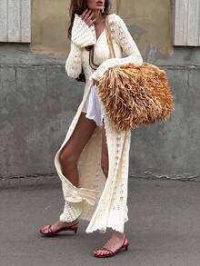 Women's Solid Color Hollow Out Single-Breasted Elegant Knit Long Sleeve Dress - White - View 5