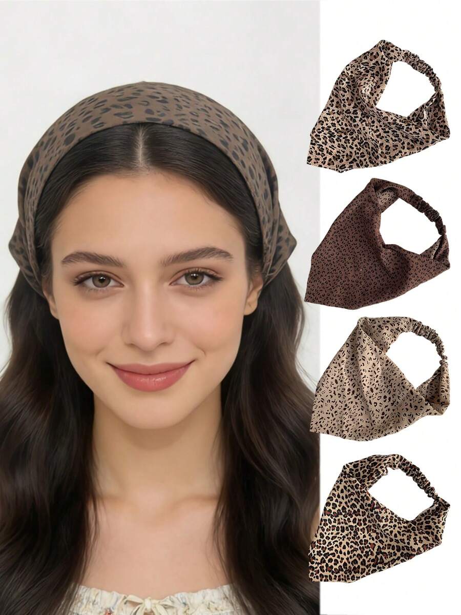 4pcs Leopard Print Triangle Headband/High Quality Elastic Headband/Unisex Hair Accessory/Hottie Style Hair Band/A Gift For Friends - Multicolor - View 1