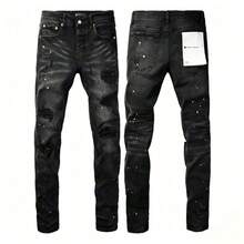 New Hot American Style Men Jeans High Street  Slim Fit Stretch Black Ripped Skinny Pants Fashionable - 黑色 - 查看 1
