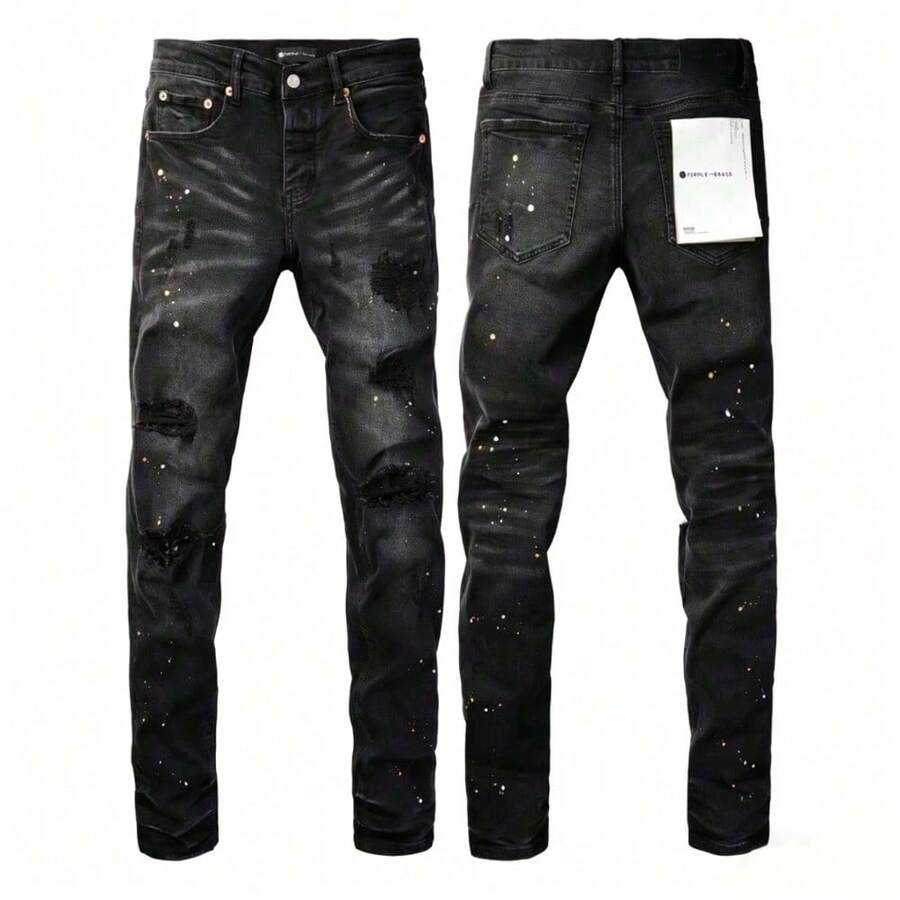 New Hot American Style Men Jeans High Street Slim Fit Stretch Black Ripped Skinny Pants Fashionable - 黑色 - 查看 1