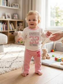 2pcs/Set Baby Girl Casual New Letter Print Crew Neck Top And Fashion Korean Style Vibrant Color-Block Eye-Catching Pink Niche Flared Pants Autumn/Winter - Pink - View 3