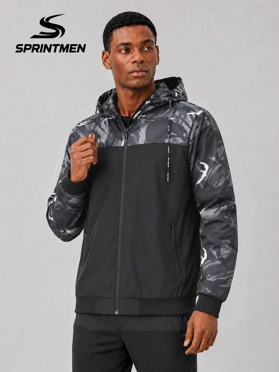 1pc Men's Black & Gray Camouflage Patchwork Hooded Jacket, Drawstring Adjustable Hood, Zipper Pockets Design, Sports Style, Machine Washable, Suitable For Outdoor, Hiking, Cycling, Climbing, Running, Casual Wear - Grey - View 1