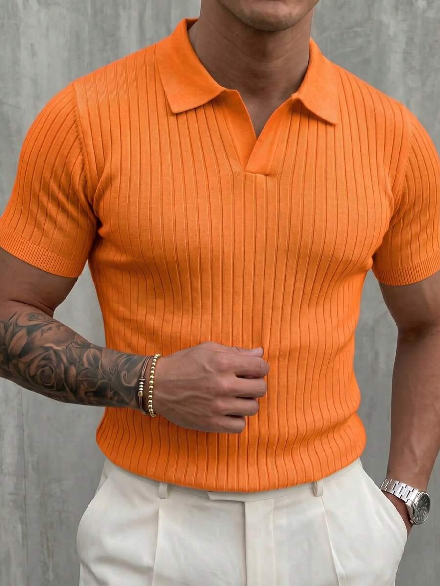 男士經典羅紋針織 Polo 短袖襯衫，純色，適合夏季外出，時尚必備單品