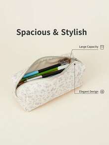 Canvas Pencil Case, Fresh Floral Pattern, Large Capacity Stationery Storage, With Zipper, Suitable For Students And Desk Organization, First Day Of School - Multicolor - View 4