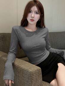 女款秋季圓領長袖修身休閒T恤 - 深灰色 - 查看 3