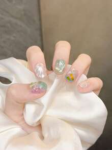 10Pcs Handmade Short Square Press On Nails Gradient Iridescent Jelly Base 3D Shell Pearl Starfish Hand Painted Goldfish Mermaid Ocean Theme Glossy Reusable False Nails Summer Beach Manicure Set For Women Girls - 彩色 - 查看 2