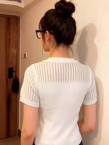 RUIWY 女款白色螺紋針織上衣，圓領短袖半透明鏤空網格細節夏季襯衫，優雅基本修身T恤 - 白色 - 查看 2