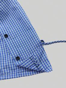 Elegant Casual American Vintage Blue Small Checkered Stand Collar Button-Down Tie Hem Short Lantern Sleeve Blouse - Blue - View 7