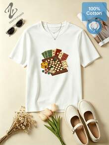 Classic Board Game Chess Playing Cards Graphic T-Shirt Unisex Leisure Aesthetic Cotton Tee - 白色 - 查看 1