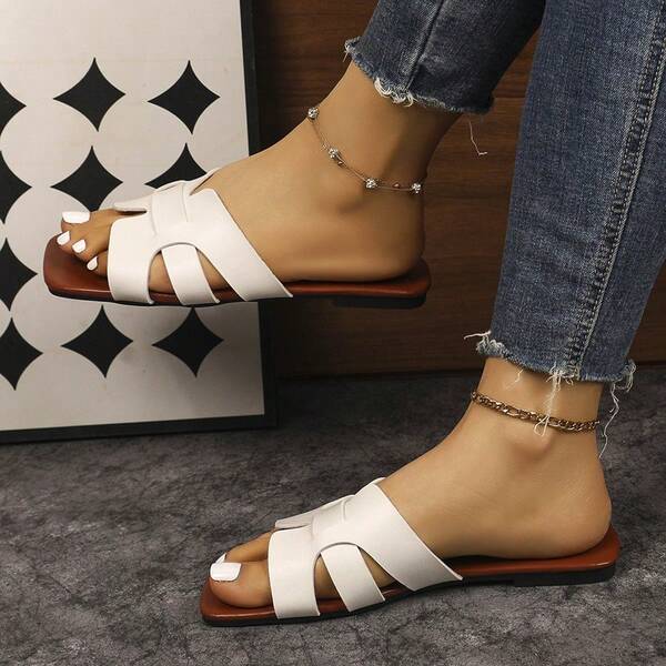1 Pair Women's H-Shaped Hollow Square Toe Flat Slide Sandals, Open Toe, PU Faux Leather, Slip-On, Minimalist Design, Suitable For Daily Commute, Shopping, Streetwear, Office Wear, Mother's Day, Easter, Birthday Gift Choice