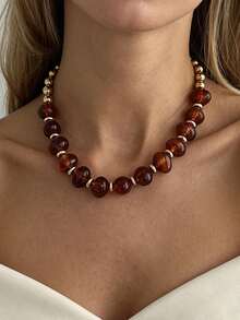 Retro Boho Chunky Faceted Stone Clavicle Chain, Black Amber White Gold Accent Choker, Minimalist Y2K Summer Party Jewelry Gift For Girls - Beaded Necklace - View 8