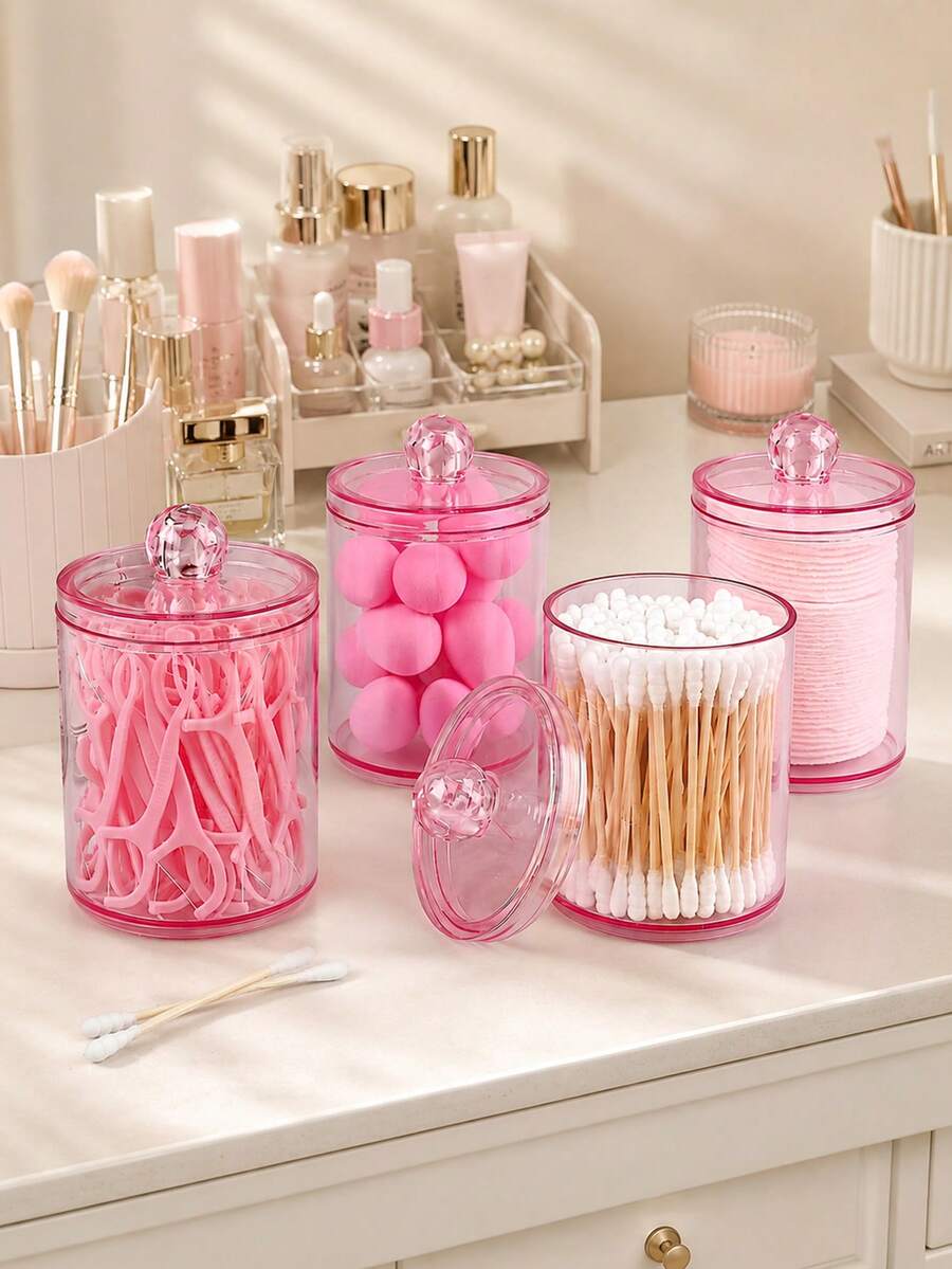 1/2/3/4 PCS Pink Acrylic Bathroom Organizer Set With Lids, Clear Vanity Storage Containers For Cotton Swabs, Cotton Pads, Makeup Brushes, Beauty Sponges, Cosmetic Counter Organizer, Makeup Desk Accessories