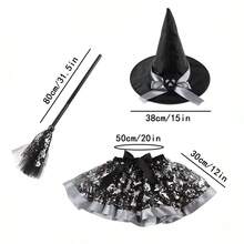 Juego de 3 piezas de disfraz de bruja de calabaza plateada de Halloween, incluye falda de malla estampada + escoba de bruja + sombrero puntiagudo, conjunto de vestido de pequeña bruja, adecuado para eventos de Halloween, fiestas temáticas, bailes de disfraces, actuaciones en el escenario, juegos de rol y disfraces - multicolor - Ver 12