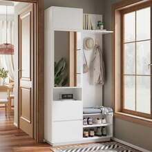 Compact Wardrobe With Mirror And Bench - Entryway Furniture Set - White - View 6