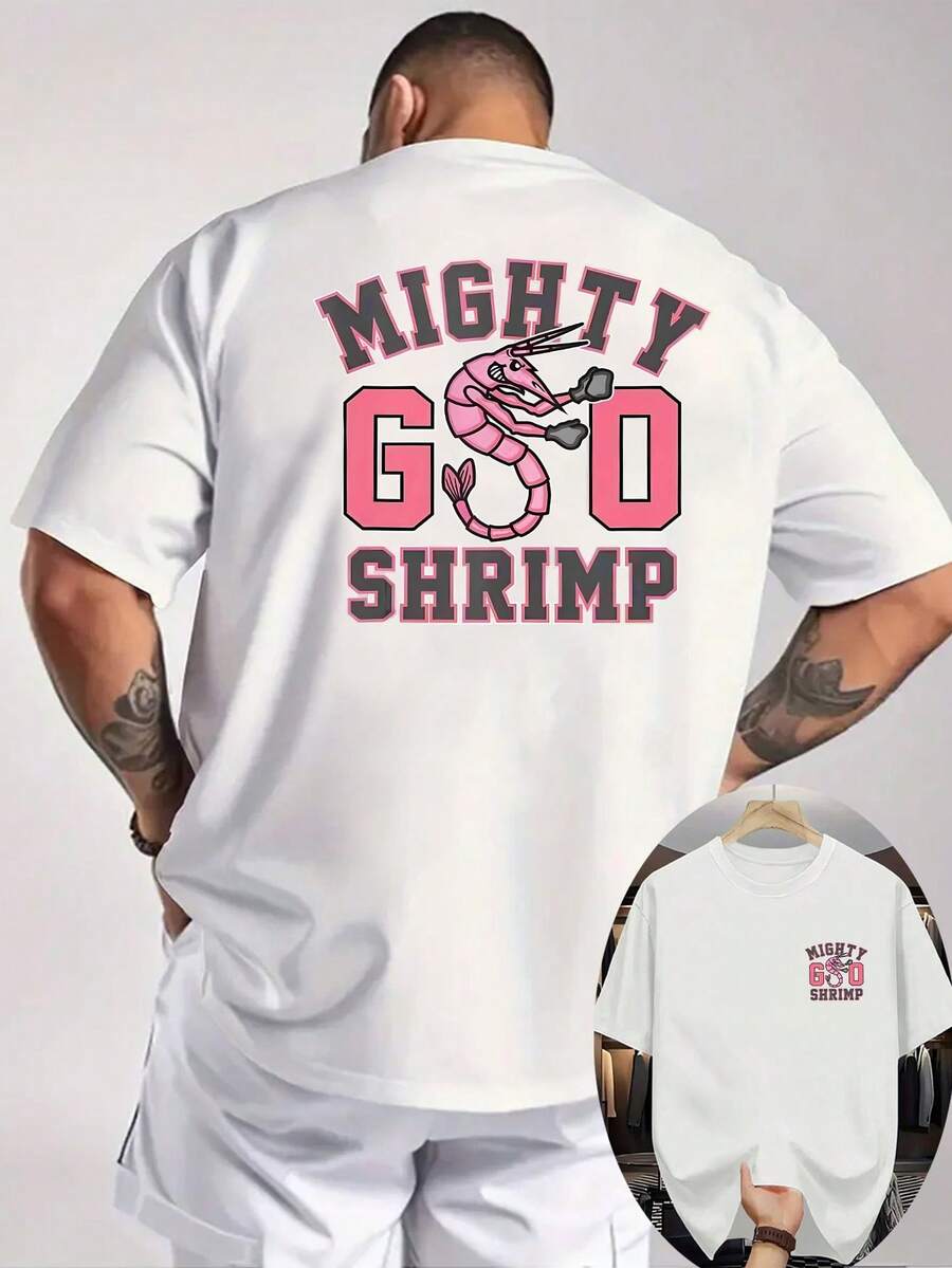 Nuova T-Shirt Estiva da Uomo Casual a Maniche Corte con Collo a Costine, Tessuto a Maglia, Fresca e Confortevole, Stampa Fronte e Retro su Due Lati con Motivo di Gamberetti, Maglie - Bianco - Visualizzare 1