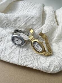 1pc Women's Vintage Oval Gold-Tone Steel Band Roman Numeral Quartz Wristwatch, Suitable For Office Commute And Vintage Outfit Wear - Silver - View 6