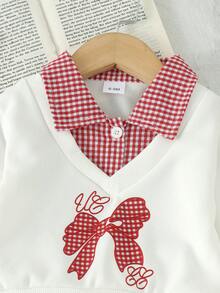 2pcs Baby/Toddler (Girl) Sweet Cool Academy Style Red & White Plaid Collared Bow Long Sleeve Sweatshirt & Skirt Set, Thin Spring/Autumn Back To School - Red and White - View 5
