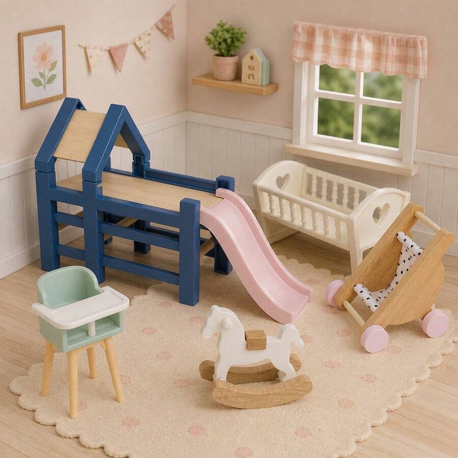 Mainan Rumah Boneka Mini Bertema Orang Tua, Aksesoris Perabot Bermain Peran, Termasuk Kursi Tinggi Mini, Perosotan, Kereta Dorong, Kuda Goyang, dan Ranjang Bayi, Hadiah Ulang Tahun Anak