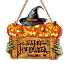 قطعة واحدة من ديكور الحائط الخشبي "Happy Halloween" بتصميم اليقطين المخيف؛ مناسب لديكور الهالوين في غرف المعيشة والنوم والحمامات، وكذلك للحفلات والإعدادات الداخلية/الخارجية. - متعدد الألوان - مشاهدة 8