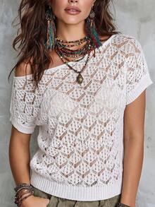 Women Casual Summer Beach Vacation Solid Color White Sloping Shoulder Hollow Out Knit Top - White - View 1