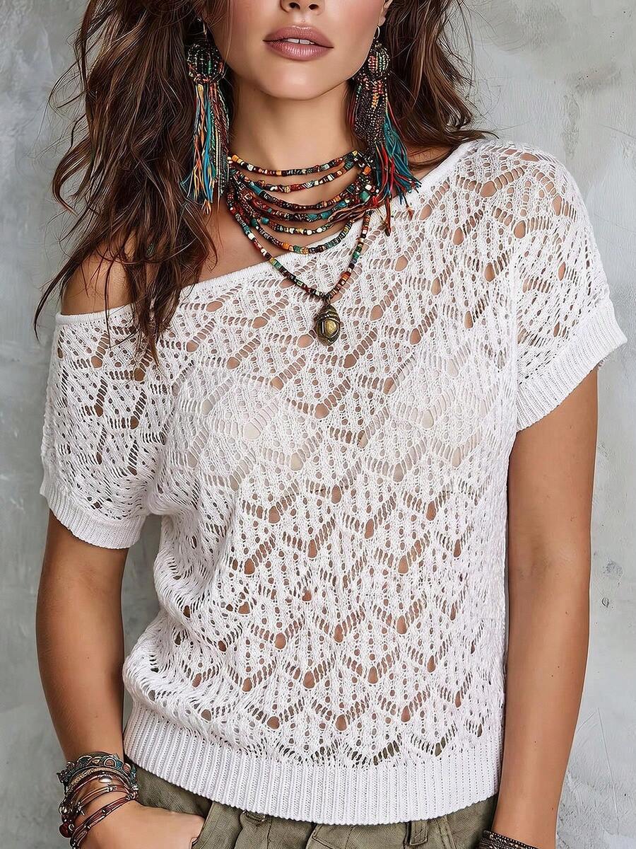 Women Casual Summer Beach Vacation Solid Color White Sloping Shoulder Hollow Out Knit Top - White - View 1