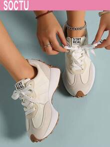 SOCTU Women's Round Toe Fashion Lace-Up Thick Sole Student Style Height-Increasing Casual Comfortable Running Sports Shoes - White - View 3