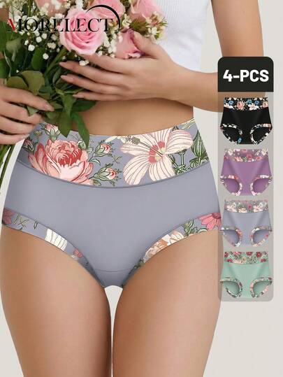 Morelect 4pcs Women's Mid-High Waist Panties, Floral Print, Elegant, Elastic, Soft, Breathable