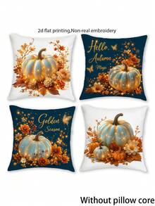 4pcs 2D Flat Print Pillow Covers, Multiple Sizes, Non-Embroidered Pumpkin Pattern, Autumn Home Decor Pillowcases, Suitable For Bedroom, Living Room, Sofa, Office, Patio, Car, Pillow Inserts Not Included - Royal Blue - View 2