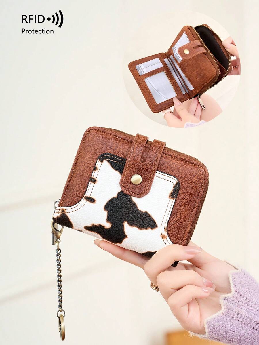 Hot-Selling New RFID Anti-Theft Women's Wallet With Chain Keychain, Colorblock Print Short Coin Purse