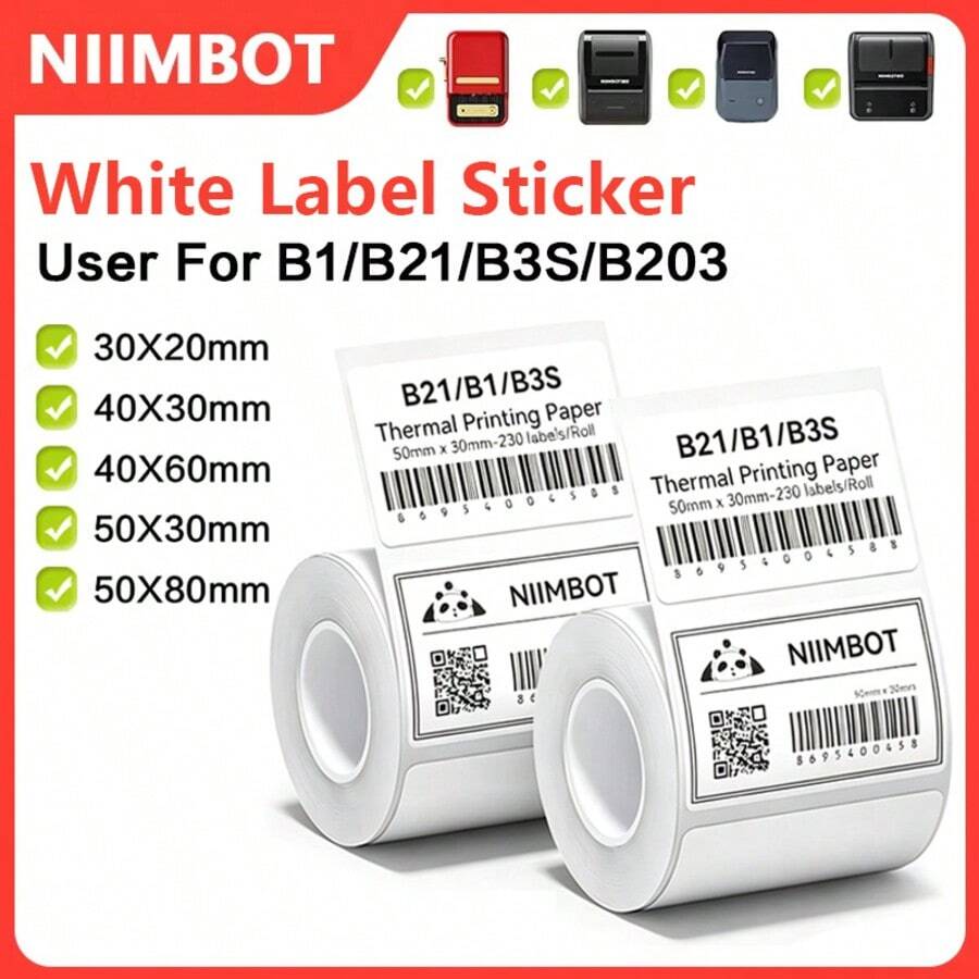 Niimbot 熱感標籤紙 白色圓形防水自黏替換捲筒，適用於 B1 B1PRO B21 B2PRO B21PRO Mini 便攜式標籤印表機，用於條碼、價格標籤與罐裝標籤