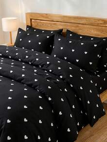 2/3 piezas Juego de ropa de cama con patrón de corazón negro, juego de ropa de cama de microfibra suave y transpirable, fácil de cuidar, resistente a las arrugas, estilo de hotel de lujo, regalo para padres y amigos, Funda nórdica*1, Funda de almohada*1/2, Disponible en tamaños extra grandes, Queen, Full, Twin, Adecuado para el Día de San Valentín, dormitorio, vuelta al colegio - Negro - Ver 2