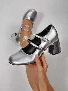 Plus Size Women's Thick Sole Mary Jane High Heels, Square Toe, Chunky Heel, Suitable For Party, Wedding, Work And Formal Occasions; Elegant And Sexy High Heels. - Silver - View 2