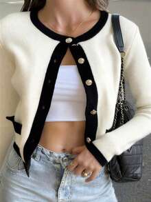 Plus Size Women's Autumn/Winter New White Y2K Color Block Round Neck Long Sleeve Knit Cardigan, Casual Daily Outerwear Fall - Black and White - View 4