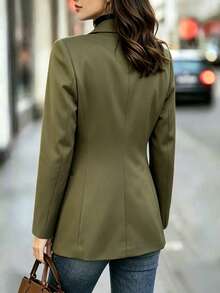 Women's Olive Green Blazer, Collared Long Sleeve Button Jacket For Daily, Casual, Office, Commute, Spring Fall Winter Wardrobe Essential - Army Green - View 2