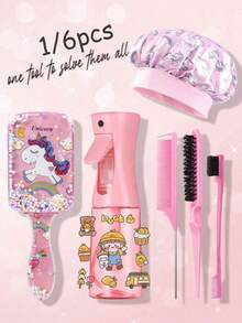 OBOVAY 1/6pcs Cartoon Cute Comb Set, Transparent Unicorn Shaped Air Cushion Hairbrush, Satin Sleep Cap (Unicorn Print Design), 200ml Hair Spray Bottle, Suitable For Daily Use And Sleep, Includes Fluffy Hairbrush, Tail Comb, Edge Comb, Suitable For Styling Bangs, Hairline, Sideburns, Eyebrows And Eyelashes, Perfect Gift For Girls - Multicolor - View 2