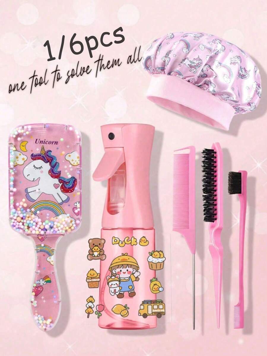 OBOVAY 1/6pcs Cartoon Cute Comb Set, Transparent Unicorn Shaped Air Cushion Hairbrush, Satin Sleep Cap (Unicorn Print Design), 200ml Hair Spray Bottle, Suitable For Daily Use And Sleep, Includes Fluffy Hairbrush, Tail Comb, Edge Comb, Suitable For Styling Bangs, Hairline, Sideburns, Eyebrows And Eyelashes, Perfect Gift For Girls