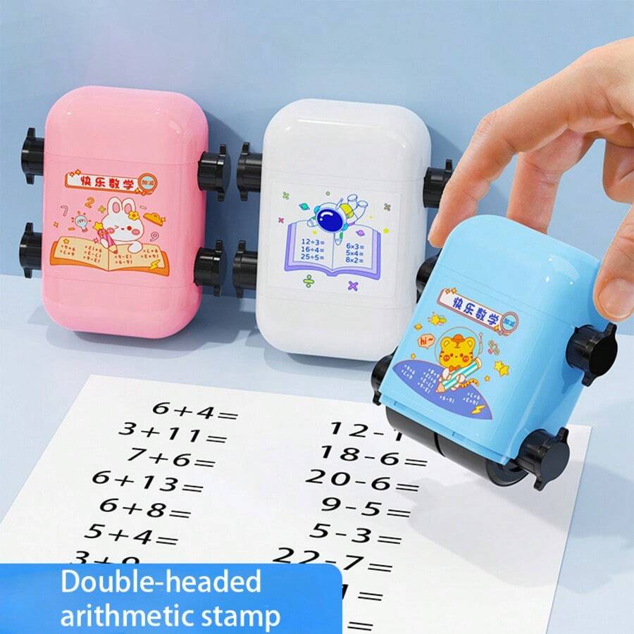 1pc Double-Head Math Roller Stamp, 2-In-1 Addition & Subtraction Arithmetic Practice Stamp, Cute Cartoon Pattern Number Roller Stamp, Suitable For Children School Homework Teaching Supplies - Creativity - View 1