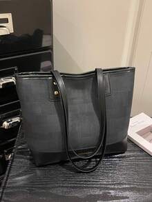 Bolsa Tote Texturizada de Ombro 2026 Nova Moda Executiva, Grande Capacidade, Estilo Coreano Retrô, Bolsa Grande Feminina para Viagem - Preto - Visão 7