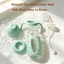 1個 260ml 玻璃嬰兒奶瓶，附隔熱墊，耐熱高達 400°C，適用於沸水、蒸汽和 UV 殺菌，柔軟矽膠防脹氣奶嘴，易吸吮、耐咬，配重球吸管讓餵哺更順暢，適合 6 個月及以上嬰兒 - 彩色 - 查看 4